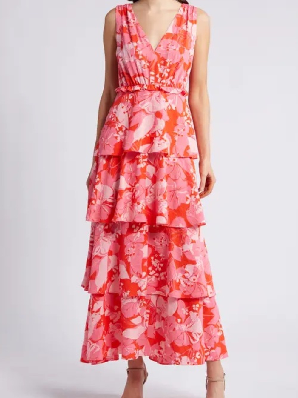 Chelsea28 Women’s Pink and Orange Floral Tiered Ruffle V-Neck Maxi Dress